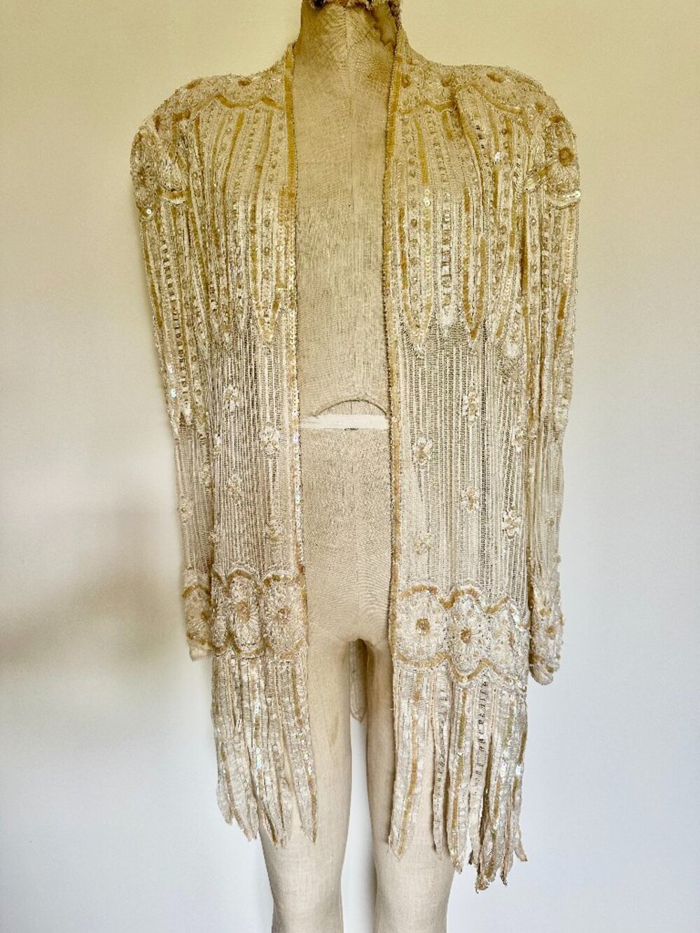 Vintage 80s Sequin Cardigan Cream Beaded Jacket Gatsby Art Deco Fringe Melody